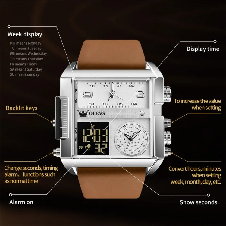 OLEVS 1101 Sports Multi-Function Square Men Quartz Electronic Watch(Brown White) - Leather Strap Watches by OLEVS | Online Shopping South Africa | PMC Jewellery | Buy Now Pay Later Mobicred