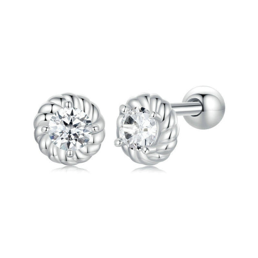 S925 Sterling Silver Threaded Round Moissanite Earrings(MSE053) - Stud Earrings & Earrings by PMC Jewellery | Online Shopping South Africa | PMC Jewellery | Buy Now Pay Later Mobicred