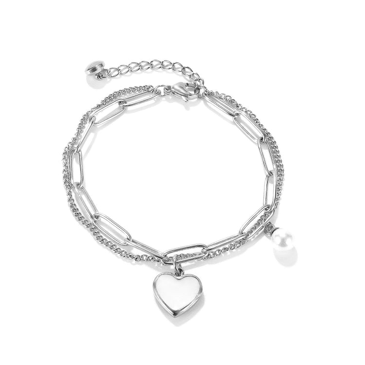 OPK 1106 Cold Style Personalized Double Layer Temperament Peach Heart Pearl Stainless Steel Bracelet, Color: Steel Color - Bracelets by OPK | Online Shopping South Africa | PMC Jewellery | Buy Now Pay Later Mobicred