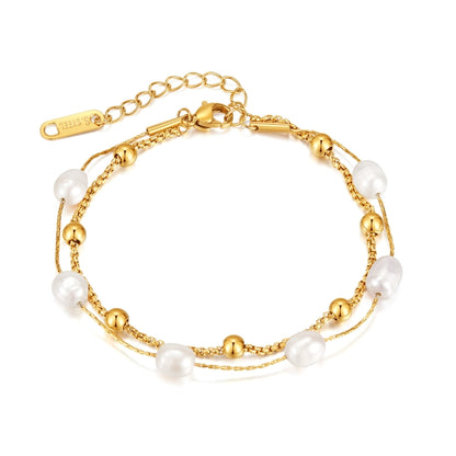 OPK 1378 Simple Stacked Titanium Steel Pearl Bracelet(Gold) - Bracelets by OPK | Online Shopping South Africa | PMC Jewellery | Buy Now Pay Later Mobicred