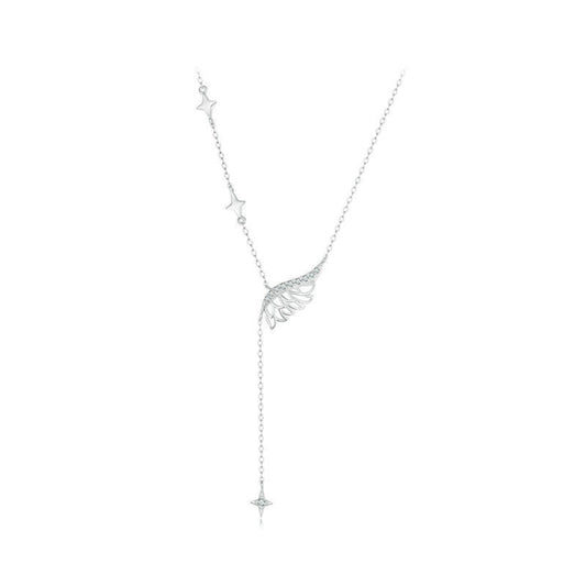 S925 Sterling Silver Platinum-plated Wing Feather Clavicle Necklace(BSN395) - Necklaces & Pendants by PMC Jewellery | Online Shopping South Africa | PMC Jewellery | Buy Now Pay Later Mobicred