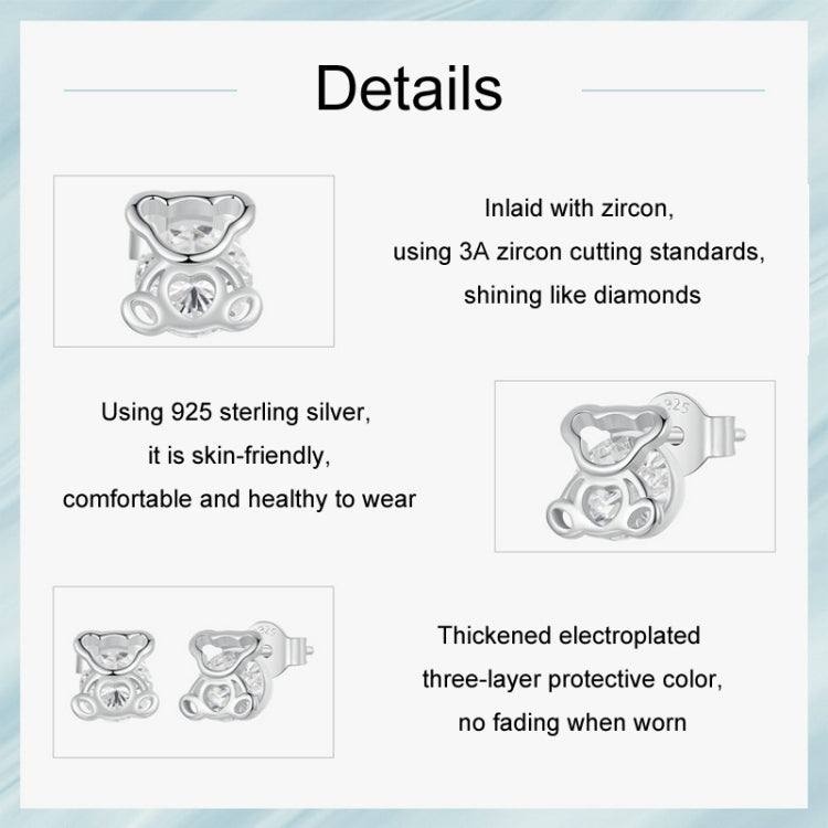 S925 Sterling Silver Platinum-plated Cute Bear Zircon Earrings(SCE1764) - Stud Earrings & Earrings by PMC Jewellery | Online Shopping South Africa | PMC Jewellery | Buy Now Pay Later Mobicred