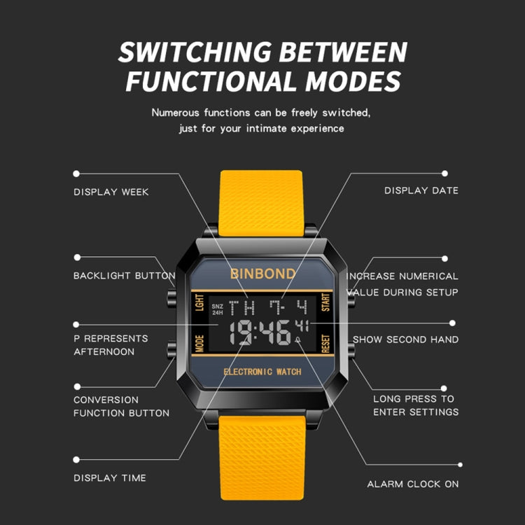 BINBOND D081 30m Waterproof Multifunctional Student Sports Electronic Watch(Yellow) - Silicone Strap Watches by BINBOND | Online Shopping South Africa | PMC Jewellery | Buy Now Pay Later Mobicred