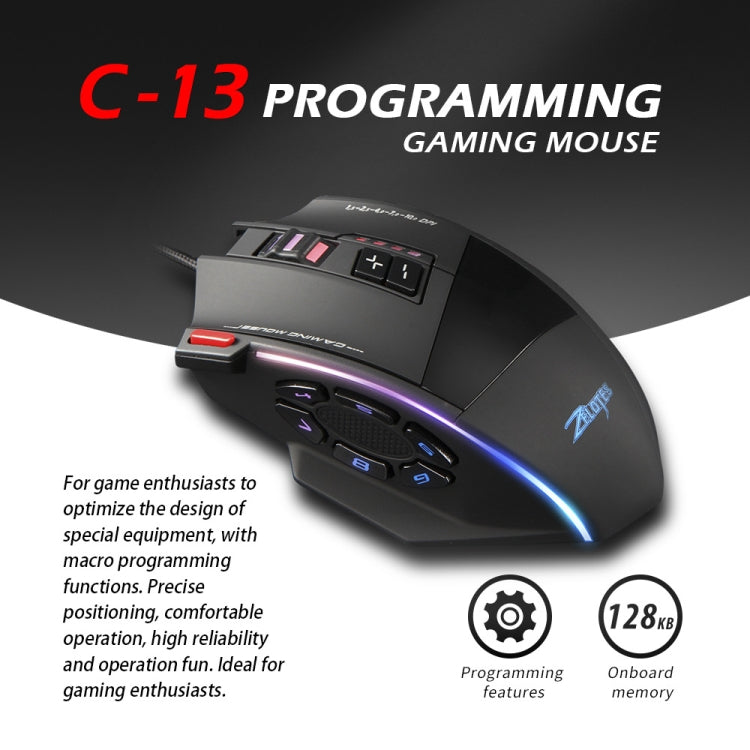 ZELOTES C13 13-keys RGB Lighting Effect Programming Macro Custom Gaming Wired Mouse(Black) - free shipping - PMC TechLife - Order now!