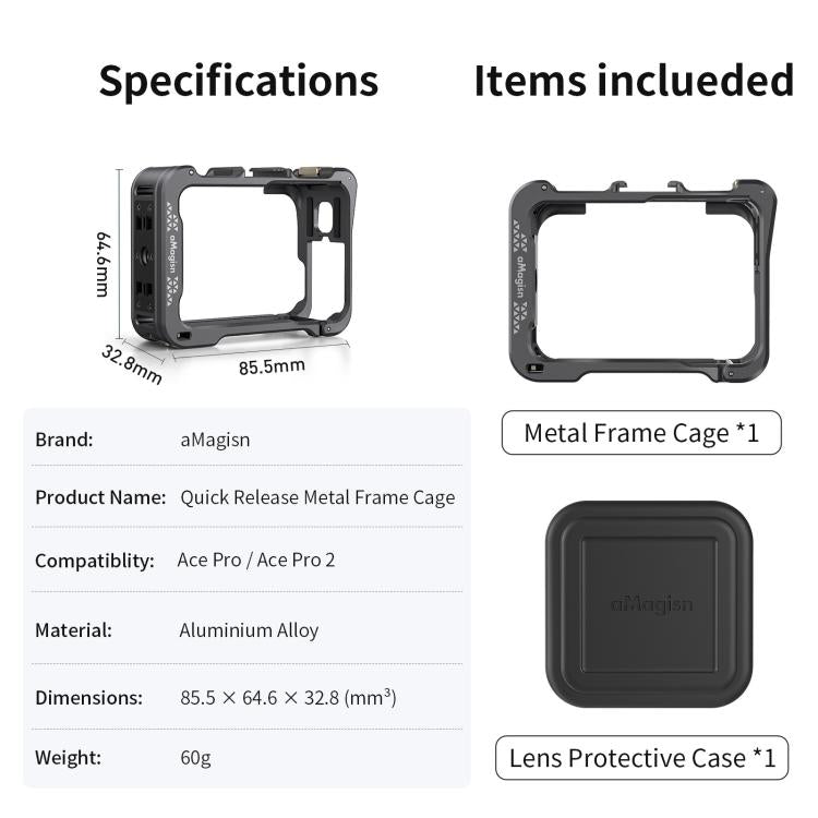 For Insta360 Ace Pro 2 / Ace Pro Camera AMagisn Quick Release Metal Cage Horizontal & Vertical Shooting Protective Frame(Black) - free shipping - PMC TechLife - Order now!