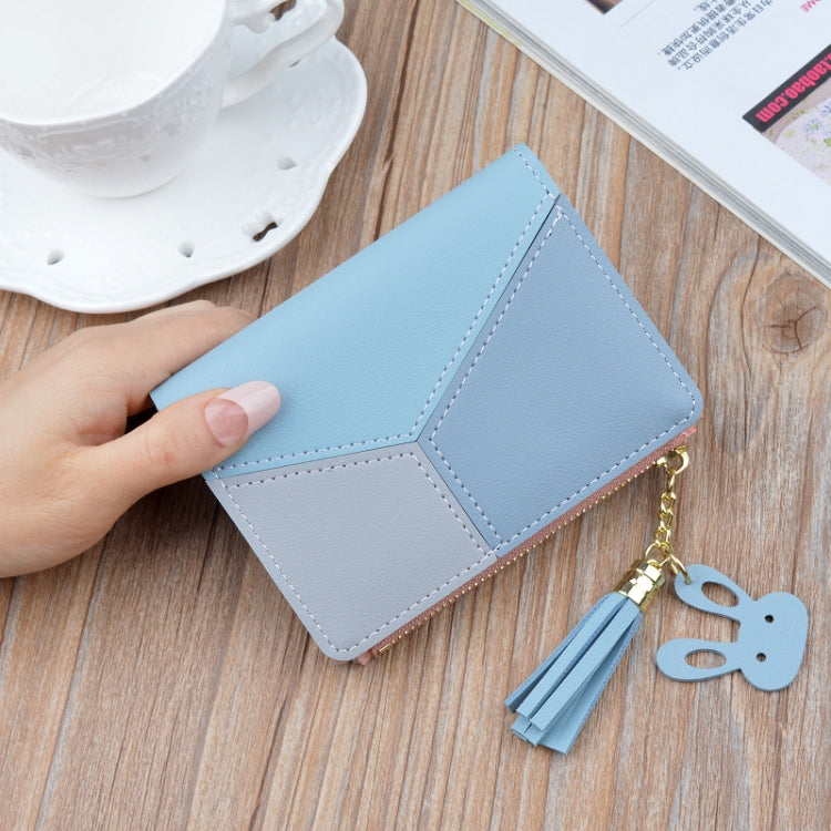 Short Leather Women Zipper Purse Panelled Wallets Trendy Coin Purse(Blue) - Wallets by PMC Jewellery | Online Shopping South Africa | PMC Jewellery