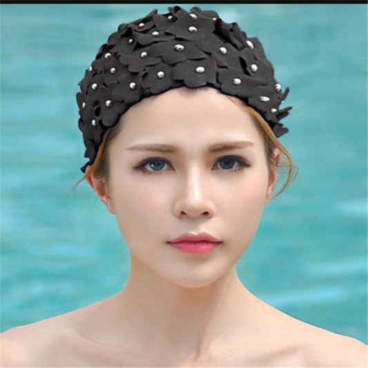 Pearl Three-dimensional Handmade Flower Swimming Cap for Women(Black) - Swimming Caps by PMC Jewellery | Online Shopping South Africa | PMC Jewellery | Buy Now Pay Later Mobicred