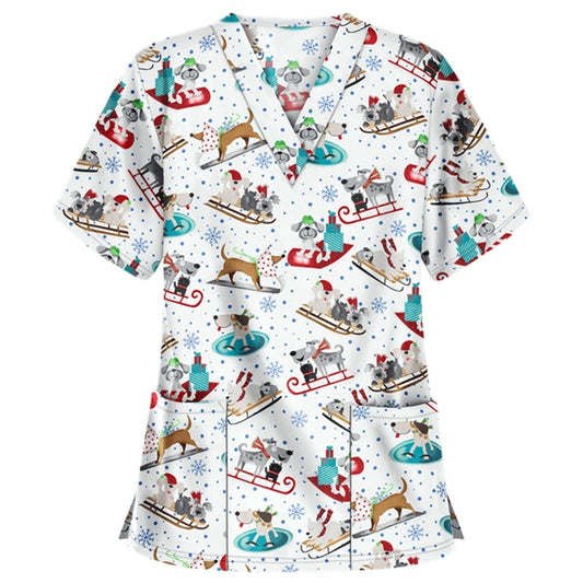 Christmas Print Short-sleeved Pocket T-shirt Nurse Uniform (Color:2 Size:L) - T-shirt by PMC Jewellery | Online Shopping South Africa | PMC Jewellery