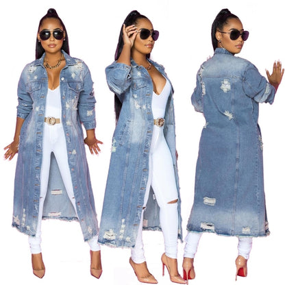 Loose Long Sleeve Ripped Denim Long Top (Color:Blue Size:S) - Jacket & Loose Coat by PMC Jewellery | Online Shopping South Africa | PMC Jewellery