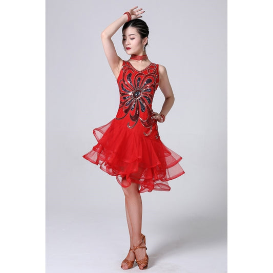 5 in 1 Sleeveless Latin Dance Dress + Collar + Separate Bottoms + Bracelets Set (Color:Red Size:M) - Dress by PMC Jewellery | Online Shopping South Africa | PMC Jewellery