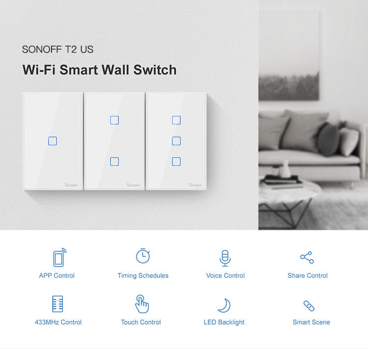 Sonoff T2 Touch 120mm Tempered Glass Panel Wall Switch Smart Home Light Touch Switch, Compatible with Alexa and Google Home, AC 100V-240V, US Plug - Smart Switch by PMC TechLife | Online Shopping South Africa | PMC TechLife