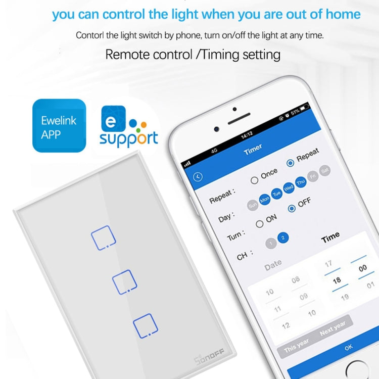 Sonoff T2 Touch 120mm Tempered Glass Panel Wall Switch Smart Home Light Touch Switch, Compatible with Alexa and Google Home, AC 100V-240V, US Plug - Smart Switch by PMC TechLife | Online Shopping South Africa | PMC TechLife