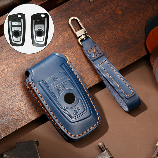 Hallmo Car Cowhide Leather Key Protective Cover Key Case for Old BMW(Blue) - Car Key Cases by Hallmo | Online Shopping South Africa | PMC Jewellery | Buy Now Pay Later Mobicred