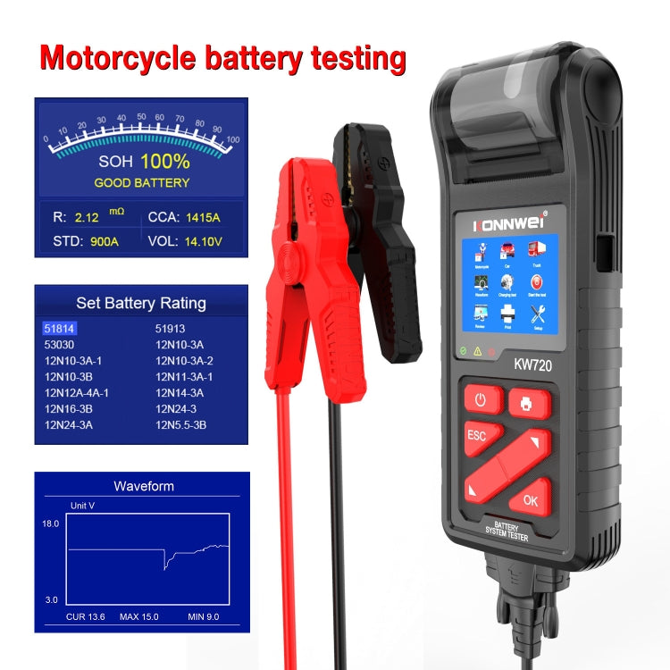 KONNWEI KW720 Car 3.2 inch 6V-24V Lead-acid Battery Tester with Printer - Code Readers & Scan Tools by KONNWEI | Online Shopping South Africa | PMC Jewellery | Buy Now Pay Later Mobicred