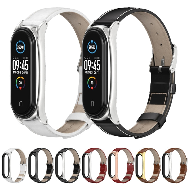 For Xiaomi Mi Band 6 / 5 / 4 / 3 Mijobs First Layer Cowhide Plus Watch Band(Brown Silver) - Watch Bands by MIJOBS | Online Shopping South Africa | PMC TechLife | Buy Now Pay Later Mobicred