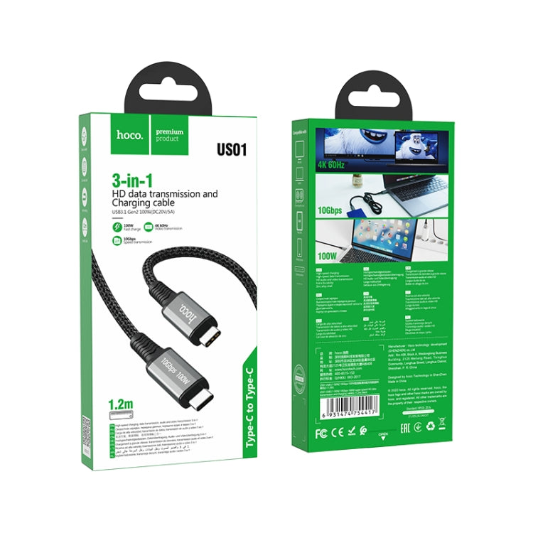 hoco US01 USB3.1 GEN2 10Gbps 100W Super-speed HD Transmission Charging Data Cable, Length:1.2m(Black) - Video & Audio Cable by hoco | Online Shopping South Africa | PMC Jewellery