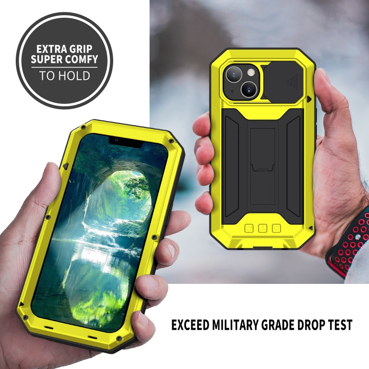 For iPhone 13 mini R-JUST Sliding Camera Shockproof Life Waterproof Dust-proof Metal + Silicone Protective Case with Holder (Yellow) - iPhone 13 mini Cases by R-JUST | Online Shopping South Africa | PMC Jewellery | Buy Now Pay Later Mobicred