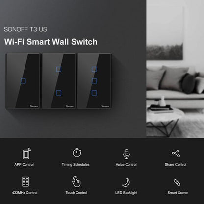 Sonoff T3 US-TX 433 RF WIFI Smart Remote Control Wall Touch Switch, US Plug, Style:Three Buttons - Smart Switch by Sonoff | Online Shopping South Africa | PMC Jewellery