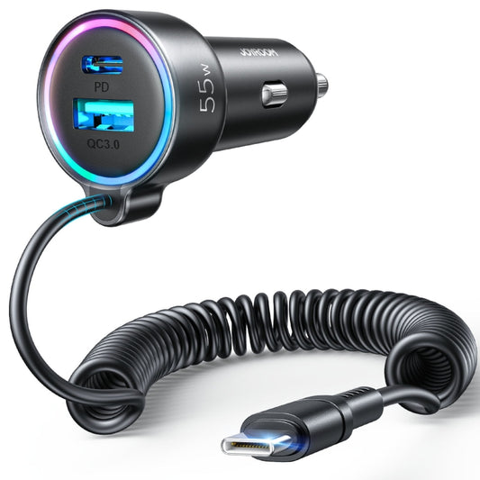 JOYROOM JR-CL07 3 in 1 55W PD USB-C / Type-C + USB Interface Car Charger with USB-C / Type-C Spring Data Cable(Black) - Car Charger by JOYROOM | Online Shopping South Africa | PMC Jewellery