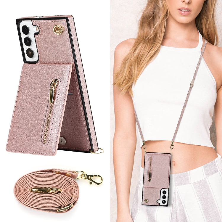 For Samsung Galaxy S22 5G Cross-body Square Zipper Card Holder Bag Phone Case(Rose Gold) - Galaxy S22 5G Cases by PMC Jewellery | Online Shopping South Africa | PMC Jewellery