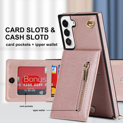 For Samsung Galaxy S22 5G Cross-body Square Zipper Card Holder Bag Phone Case(Rose Gold) - Galaxy S22 5G Cases by PMC Jewellery | Online Shopping South Africa | PMC Jewellery