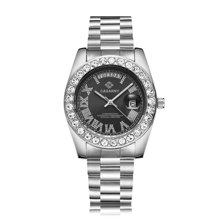 CAGARNY 6886 Diamond-encrusted Roman Numeral Dial Quartz Watch for Men(Silver Shell Black Dial) - Metal Strap Watches by CAGARNY | Online Shopping South Africa | PMC Jewellery | Buy Now Pay Later Mobicred