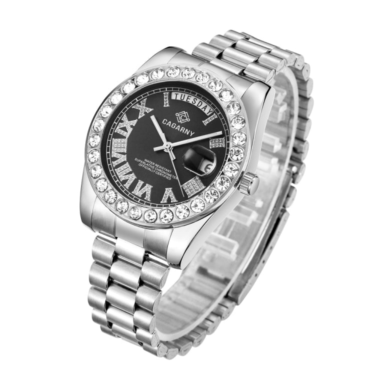 CAGARNY 6886 Diamond-encrusted Roman Numeral Dial Quartz Watch for Men(Silver Shell Black Dial) - Metal Strap Watches by CAGARNY | Online Shopping South Africa | PMC Jewellery | Buy Now Pay Later Mobicred