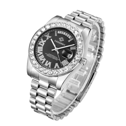 CAGARNY 6886 Diamond-encrusted Roman Numeral Dial Quartz Watch for Men(Silver Shell Black Dial) - Metal Strap Watches by CAGARNY | Online Shopping South Africa | PMC Jewellery | Buy Now Pay Later Mobicred