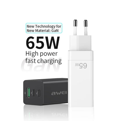 awei PD9 65W Dual Type-C / USB-C + USB GaN Fast Charging Travel Charger, EU Plug(Black) - USB Charger by awei | Online Shopping South Africa | PMC Jewellery | Buy Now Pay Later Mobicred