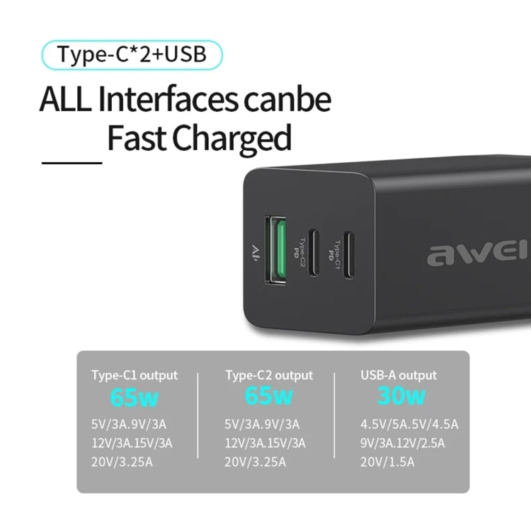 awei PD9 65W Dual Type-C / USB-C + USB GaN Fast Charging Travel Charger, EU Plug(Black) - USB Charger by awei | Online Shopping South Africa | PMC Jewellery | Buy Now Pay Later Mobicred