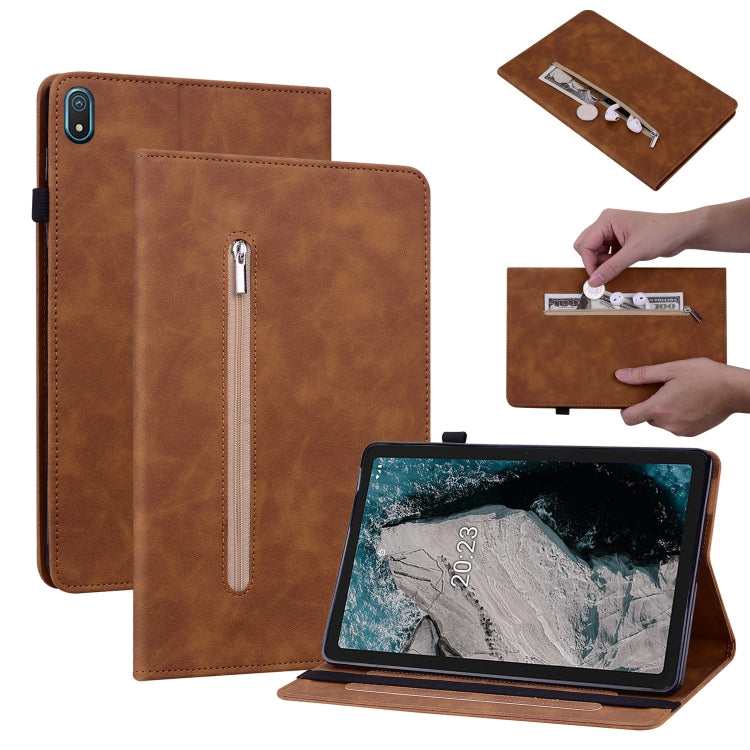 For Nokia T20 10.4 2021 Skin Feel Solid Color Zipper Leather Tablet Case(Brown) - Nokia by PMC TechLife | Online Shopping South Africa | PMC TechLife