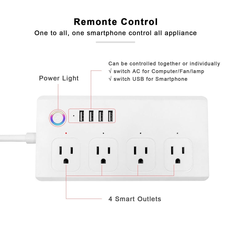 WiFi 10A SM-SO301-U 2500W 4 Holes + 4 USB Smart Power Strip, US Plug(White) - Smart Socket by PMC Jewellery | Online Shopping South Africa | PMC Jewellery