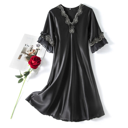 Scalloped Edge V-Neck Mid Sleeve Loose Women Nightdress, Size:S(Black) - Pajamas & Bathrobe by PMC Jewellery | Online Shopping South Africa | PMC Jewellery