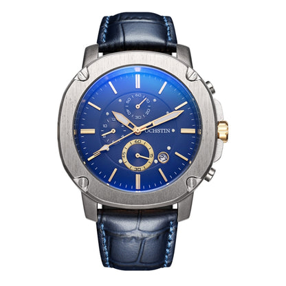 Ochstin 5039C Multifunctional Business Men Watch Luminous Waterproof Leather Quartz Watch(Silver+Gold+Blue) - Leather Strap Watches by OCHSTIN | Online Shopping South Africa | PMC Jewellery | Buy Now Pay Later Mobicred