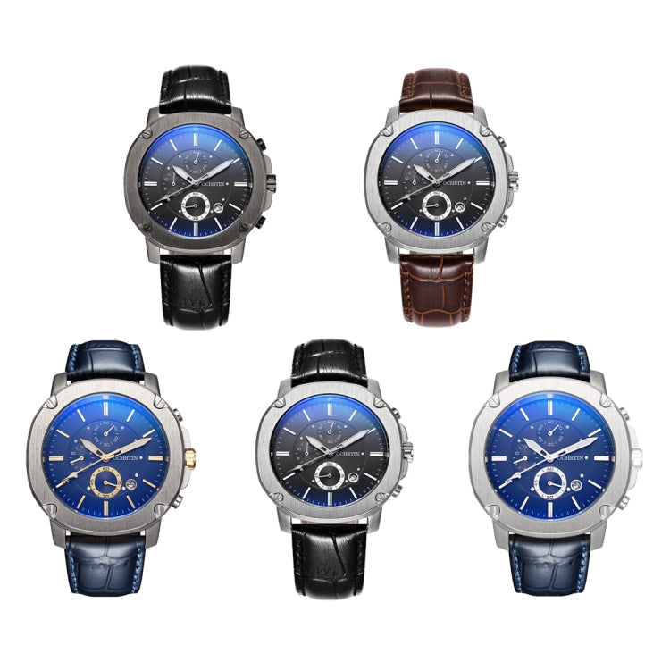 Ochstin 5039C Multifunctional Business Men Watch Luminous Waterproof Leather Quartz Watch(Silver+Gold+Blue) - Leather Strap Watches by OCHSTIN | Online Shopping South Africa | PMC Jewellery | Buy Now Pay Later Mobicred