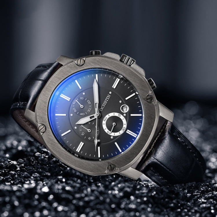 Ochstin 5039C Multifunctional Business Men Watch Luminous Waterproof Leather Quartz Watch(Silver+Gold+Blue) - Leather Strap Watches by OCHSTIN | Online Shopping South Africa | PMC Jewellery | Buy Now Pay Later Mobicred