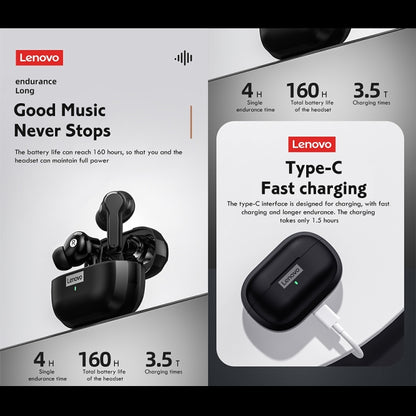 Lenovo LP1S TWS Wireless Bluetooth 5.0 Waterproof Sport Noise Reduction HIFI Bass Earphone with Mic(Black) - TWS Earphone by Lenovo | Online Shopping South Africa | PMC Jewellery