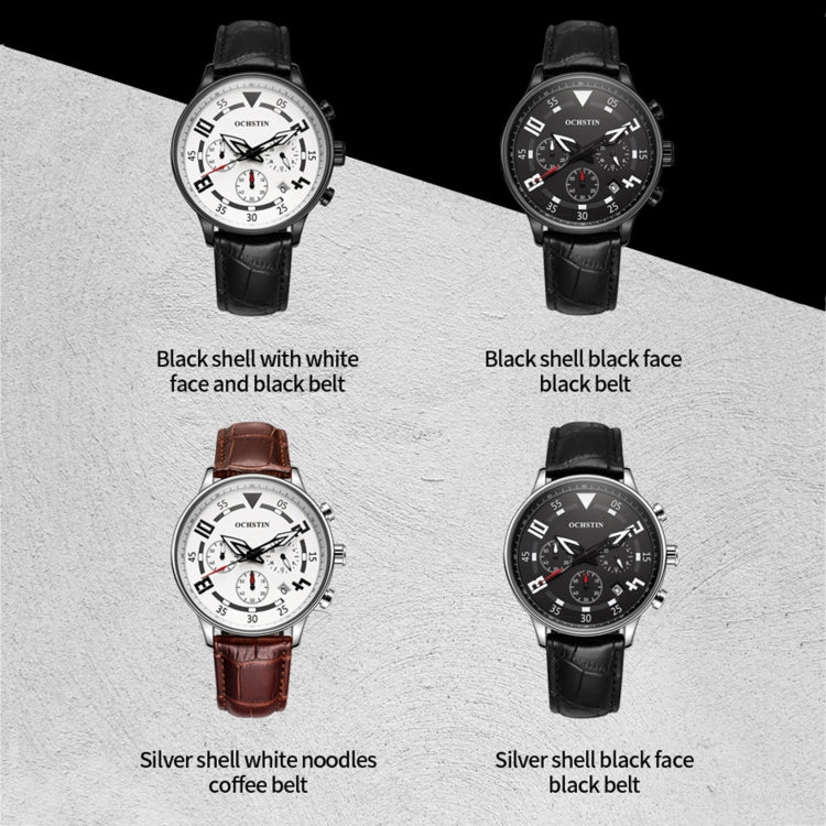 Ochstin 6050B Multifunctional Quartz Men Leather Watch(Silver+Black) - Leather Strap Watches by OCHSTIN | Online Shopping South Africa | PMC Jewellery | Buy Now Pay Later Mobicred