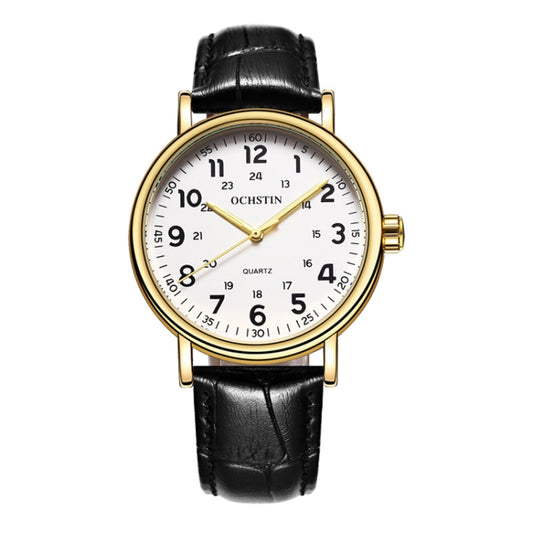 OCHSTIN 6081C Fashion Hollow Men Leather Quartz Watch(Gold+White+Black) - Leather Strap Watches by OCHSTIN | Online Shopping South Africa | PMC Jewellery | Buy Now Pay Later Mobicred