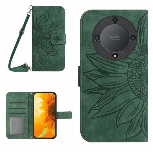 For Honor X9a 5G / Magic5 Lite Skin Feel Sun Flower Embossed Flip Leather Phone Case with Lanyard(Green) - Honor Cases by PMC Jewellery | Online Shopping South Africa | PMC Jewellery