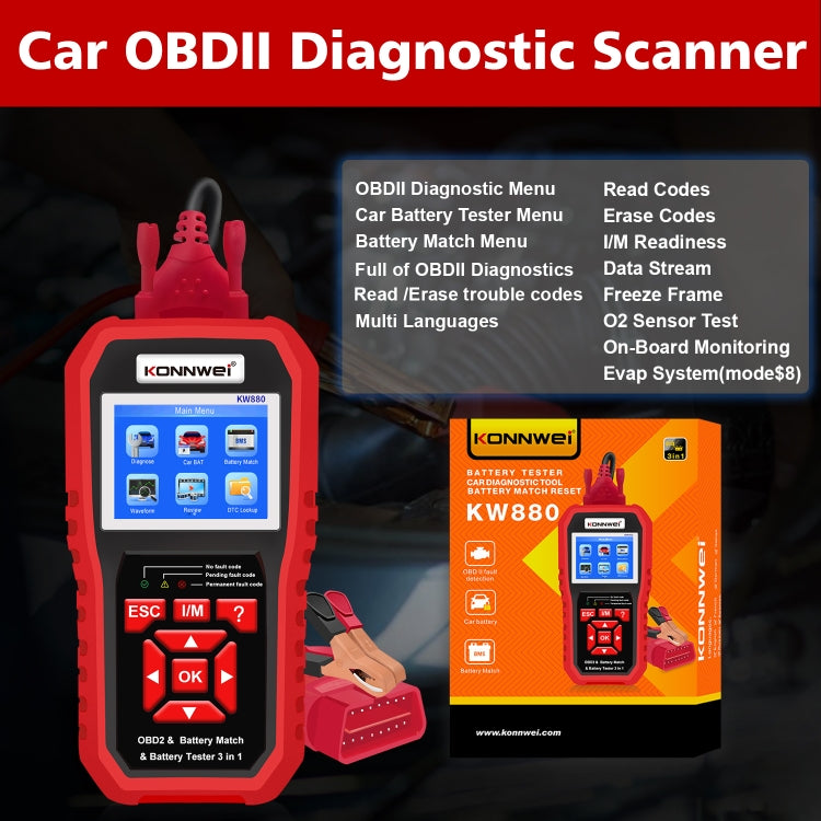KONNWEI KW880 3 in 1 Car OBD2 Fault Diagnosis + Battery Tester + Battery Match Reset - free shipping - PMC TechLife - Order now!