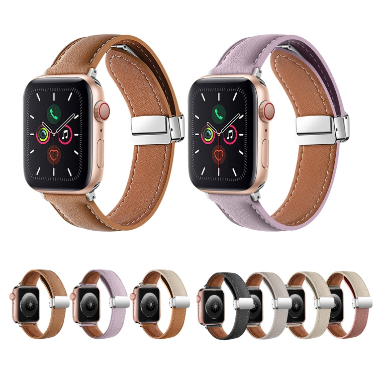 Folding Buckle Genuine Leather Watch Band For Apple Watch Ultra 49mm / Series 8&7 45mm / SE 2&6&SE&5&4 44mm / 3&2&1 42mm(Black) - Smart Wear by PMC Jewellery | Online Shopping South Africa | PMC Jewellery