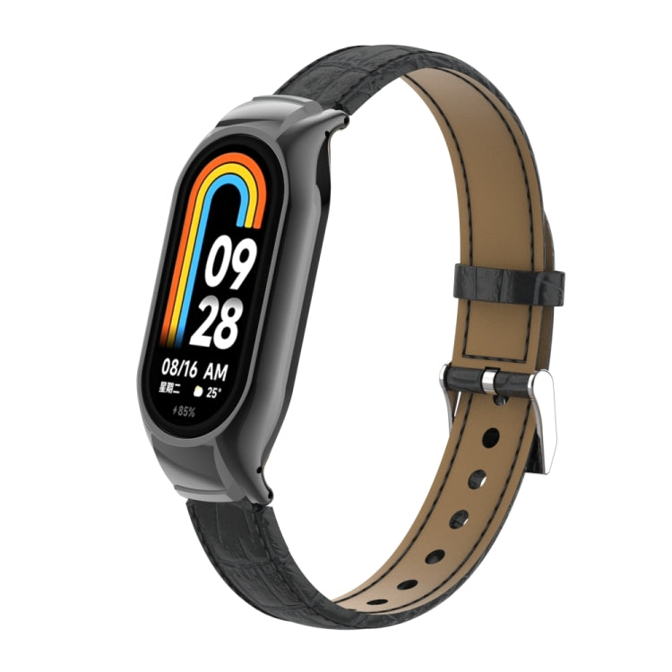 For Xiaomi Mi Band 8 Integrated Metal Case + Cocodile Texture Leather Watch Band(Black) - Smart Wear by PMC Jewellery | Online Shopping South Africa | PMC Jewellery