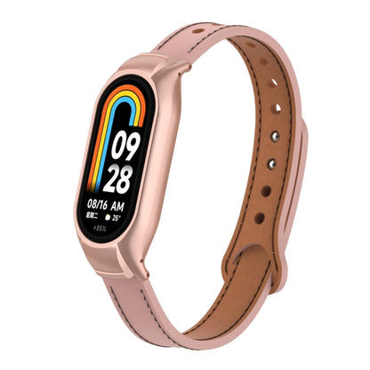 For Xiaomi Mi Band 8 Integrated Metal Case + Double Nail Microfiber Leather Watch Band(Pink) - Smart Wear by PMC Jewellery | Online Shopping South Africa | PMC Jewellery