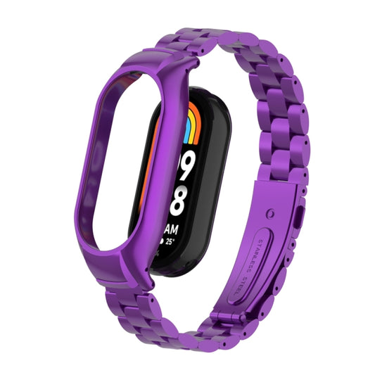 For Xiaomi Mi Band 8 Integrated Metal Case + Three-bead Watch Band(Purple) - Smart Wear by PMC Jewellery | Online Shopping South Africa | PMC Jewellery