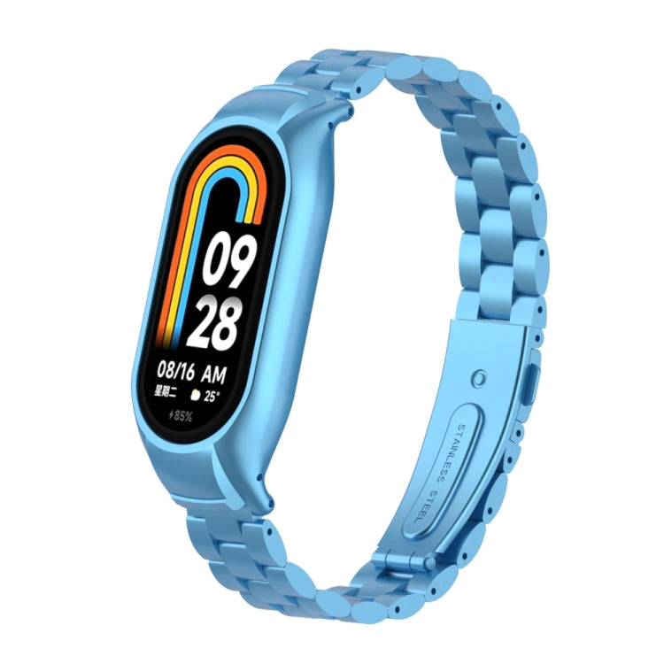 For Xiaomi Mi Band 8 Integrated Metal Case + Three-bead Watch Band(Sky Blue) - Smart Wear by PMC Jewellery | Online Shopping South Africa | PMC Jewellery