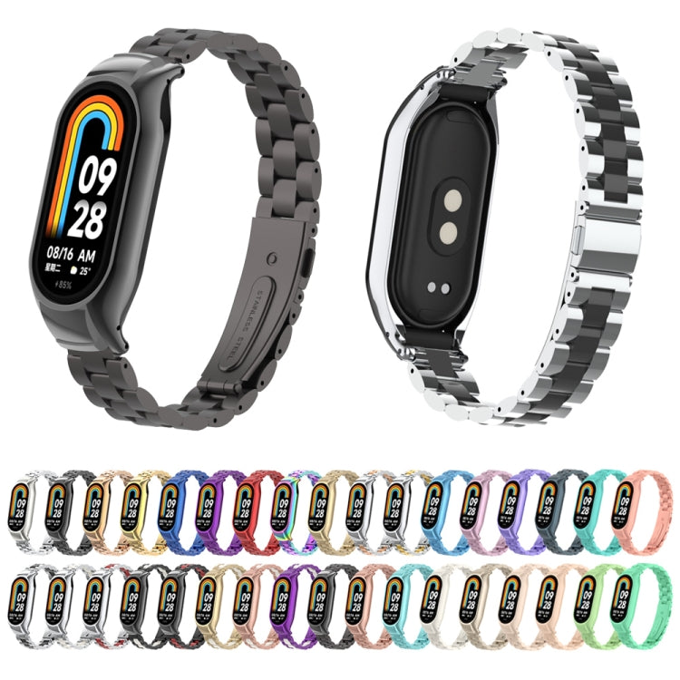 For Xiaomi Mi Band 8 Integrated Metal Case + Three-bead Watch Band(Rose Red) - Smart Wear by PMC TechLife | Online Shopping South Africa | PMC TechLife