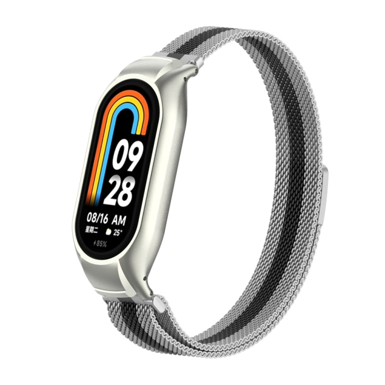 For Xiaomi Mi Band 8 Integrated Metal Case + Milanese Magnetic Watch Band(Silver+Black) - Smart Wear by PMC Jewellery | Online Shopping South Africa | PMC Jewellery