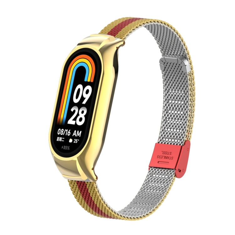 For Xiaomi Mi Band 8 Integrated Metal Case + Steel Mesh Buckle Watch Band(Gold+Red) - Smart Wear by PMC Jewellery | Online Shopping South Africa | PMC Jewellery