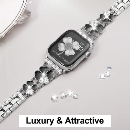 For Apple Watch SE 44mm Petal Metal Diamond Watch Band(Silver+Black) - Watch Bands by PMC Jewellery | Online Shopping South Africa | PMC Jewellery